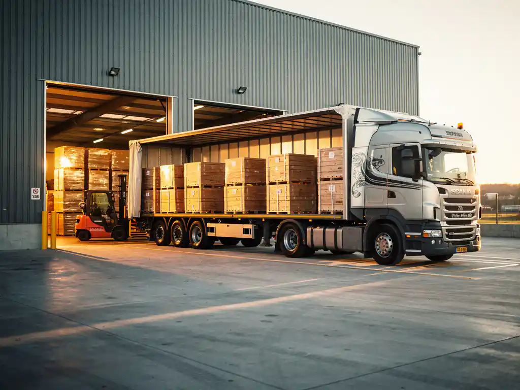 Vrachtwagen geladen bij magazijn met open laaddeurs, pallets en heftruck zichtbaar in warme middaglichtval.