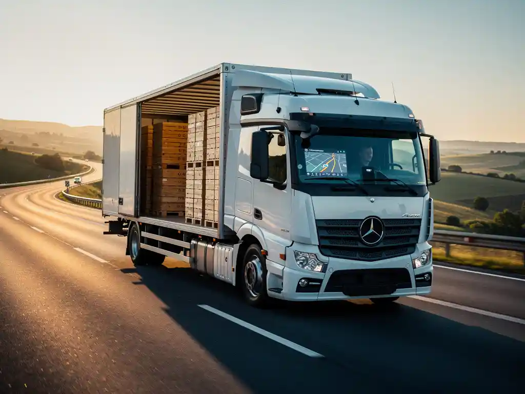 Witte vrachtwagen op Europese snelweg bij gouden uur met gestapelde pallets en zichtbare GPS-navigatie op dashboard.