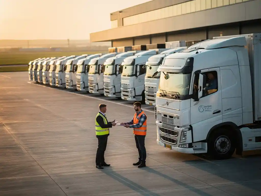 Witte logistieke trucks vertrekken vanuit een modern distributiecentrum bij zonsondergang, dispatcher overhandigt klembord aan chauffeur naast open trailer.
