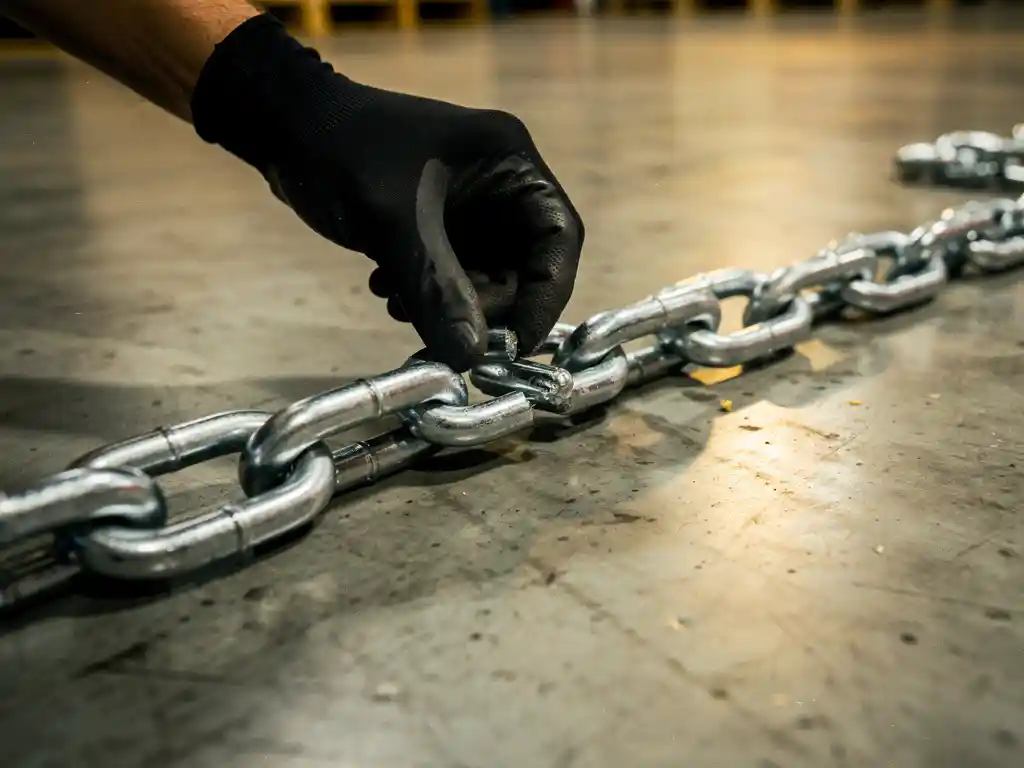 Gehandschoende hand verwijdert schakels uit een stalen ketting op betonnen magazijnvloer, symboliseert supply chain optimalisatie.