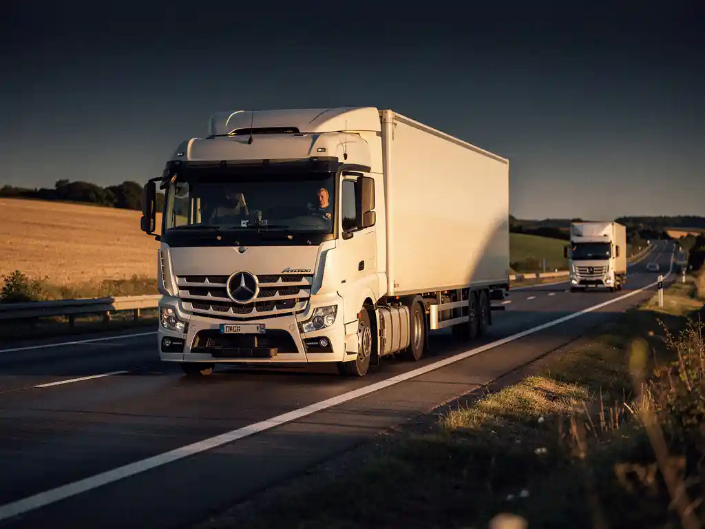 Witte vrachtwagen op Europese snelweg tijdens het gouden uur, met open landschap en een tweede truck op de achtergrond.