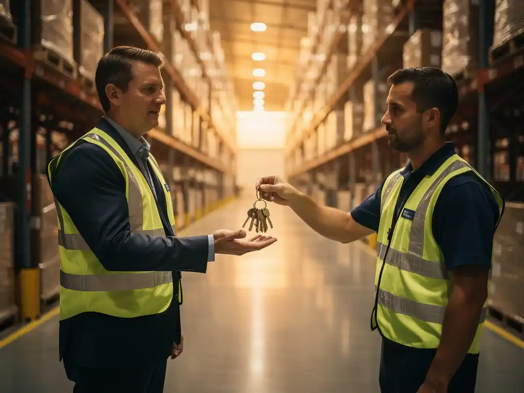 Logistiek manager overhandigt magazijnsleutels aan koerier in veiligheidsvest in groot distributiecentrum met hoge stellingkasten.