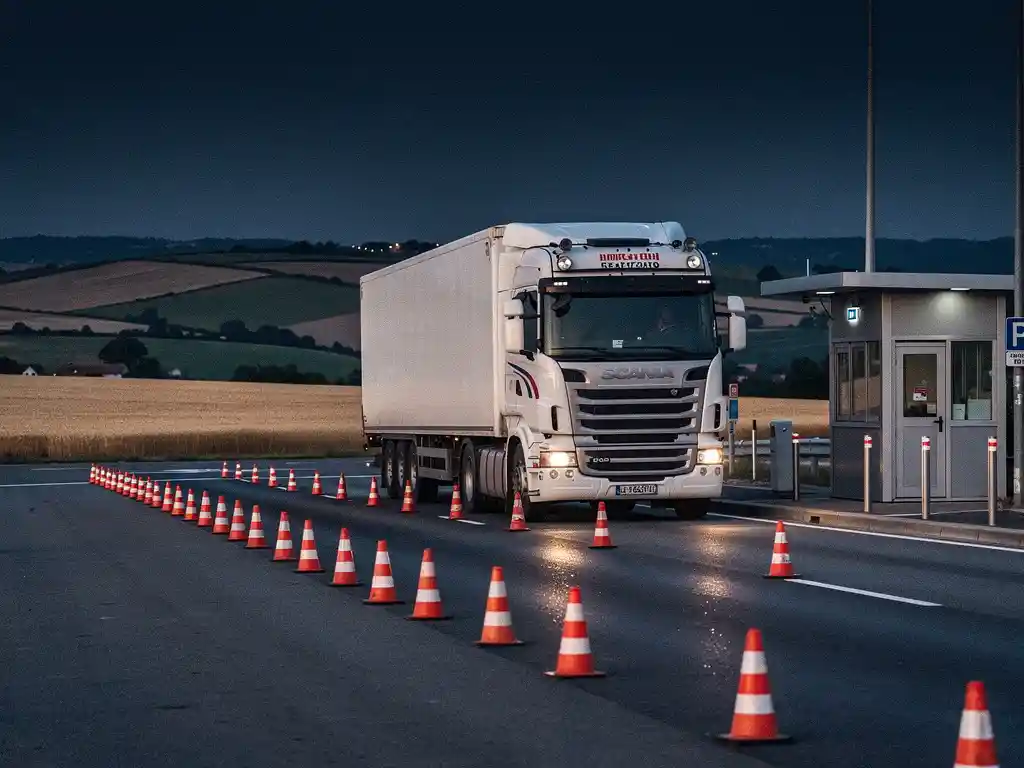 Wit Nederlands vrachtwagen passeert Frans grenshekpunt bij schemering, met douanekantoor, oranje kegels en glooiende velden op achtergrond.