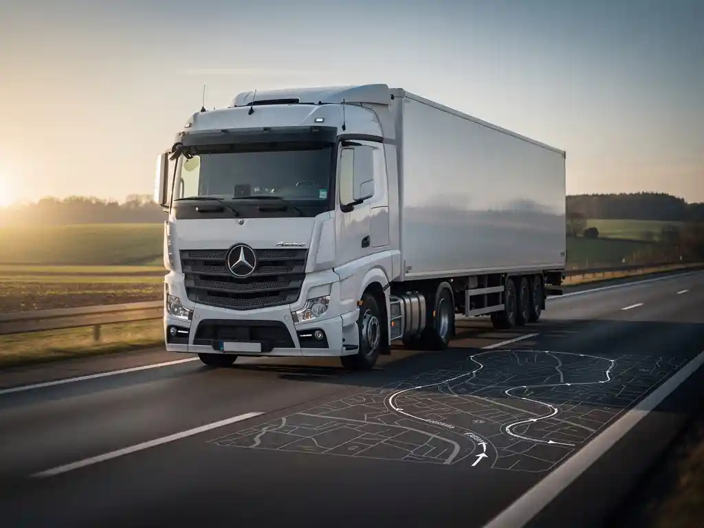 Witte vrachtauto rijdt bij zonsondergang over Europese snelweg, omgeven door open landschap met warme amberkleurige tinten.