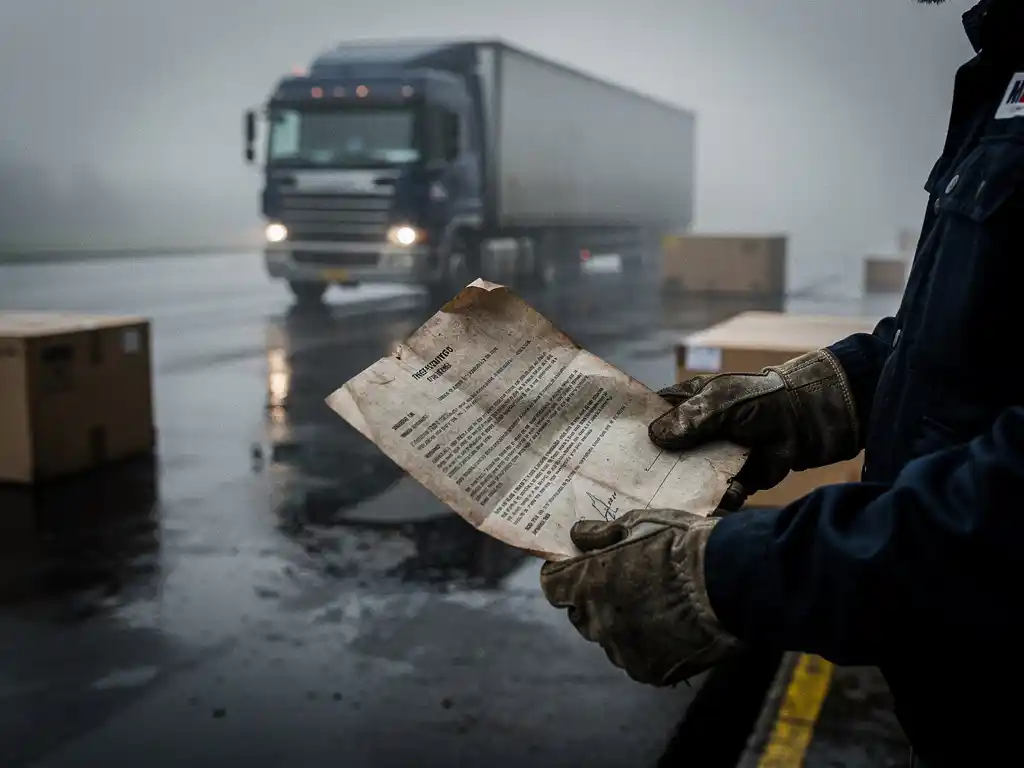 Versleten contract glipt uit handen van vrachtwagenchauffeur op regennat laaddok, vrachtauto verdwijnt in mist op achtergrond.