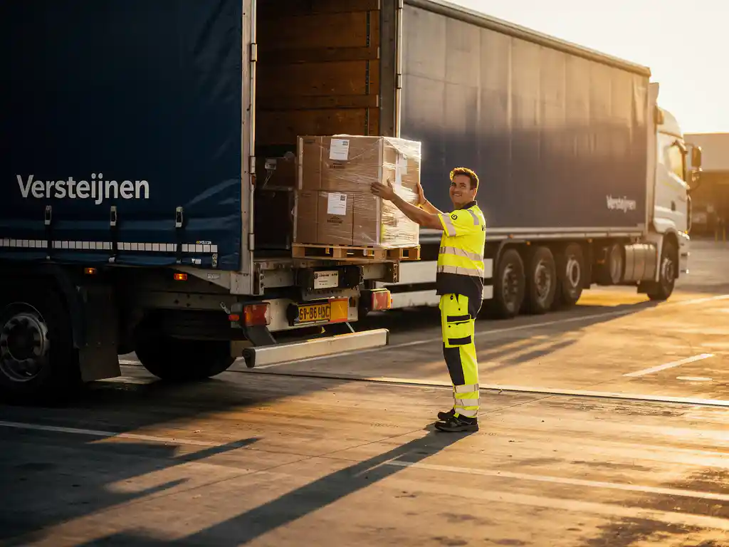 Versteijnen vrachtwagen bij laaddock terwijl magazijnmedewerker zorgvuldig verpakt pallet ontvangt in warm gouduur licht.