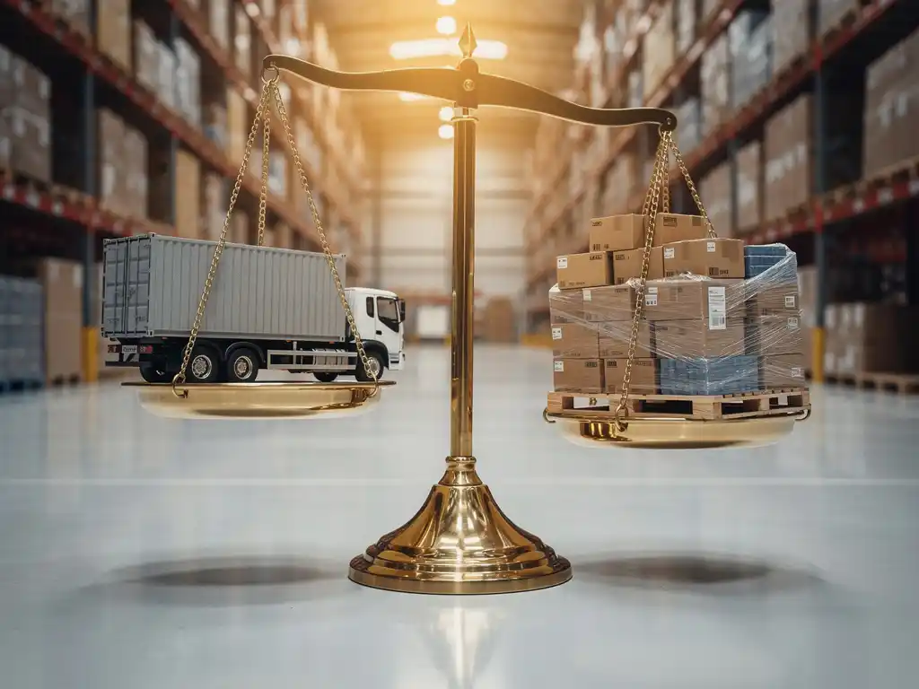 Gepolijste messing weegschaal in magazijn met miniatuur vrachtwagen en gestapelde europallets, verlicht door warm industrieel licht.