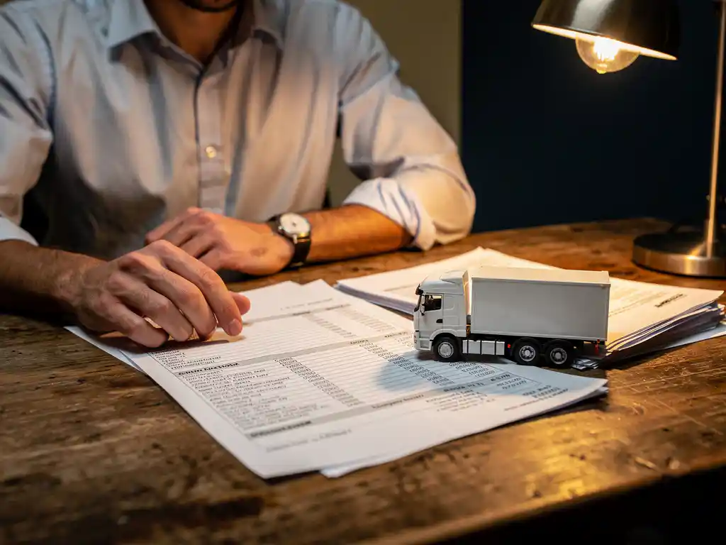 Logistiek manager bestudeert vrachtfactuur op eikenhouten bureau met miniatuur vrachtwagen en bureaulamp.
