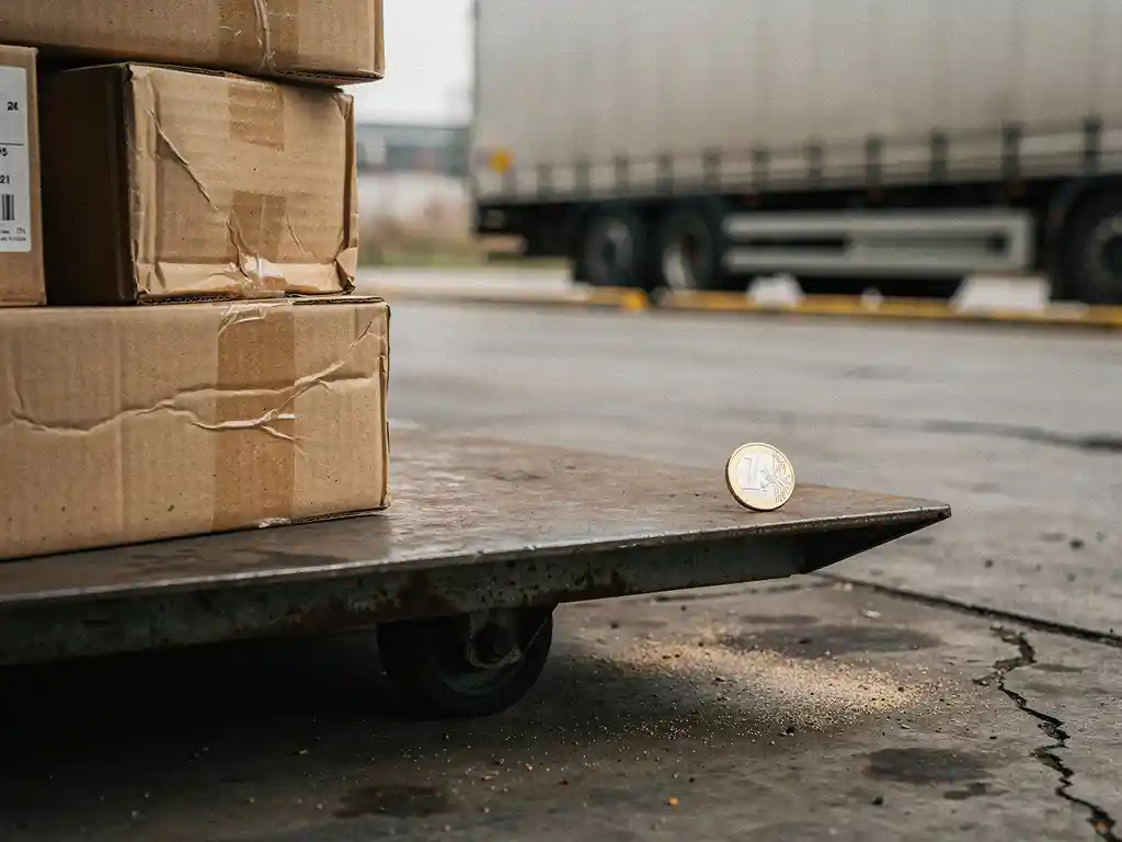 Verouderde weegschaal op betonnen laadperron met gestapelde kartonnen dozen versus één euromunt, logistieke vrachtwagen op achtergrond.