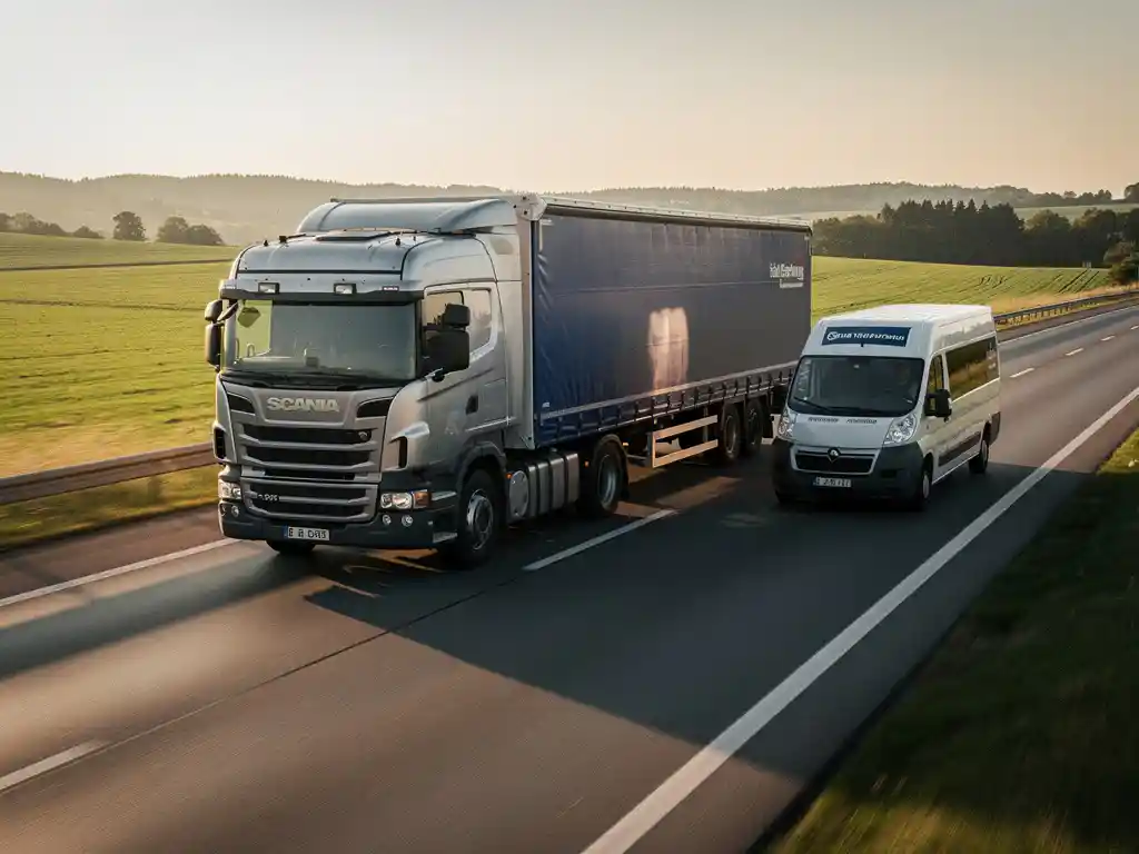 Volledig beladen vrachtwagen rijdt naast een gedeeltelijk gevulde bestelwagen op een Europese snelweg tijdens het gouden uur.