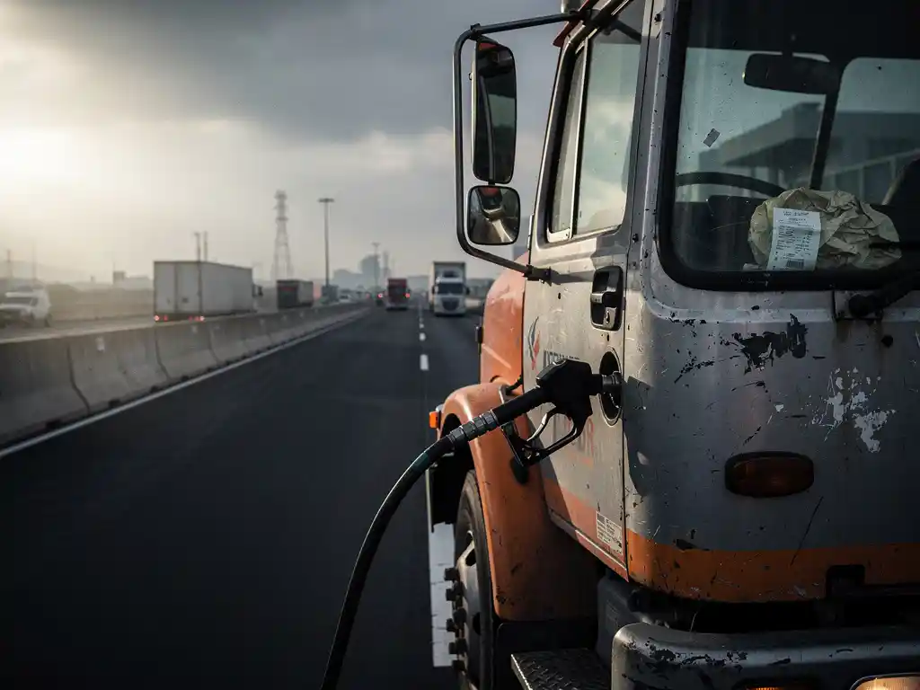 Verweerde vrachtwagencab met brandstofpistool in tank, brandstofbon zichtbaar op dashboard, bewolkte industriële snelweg op achtergrond.