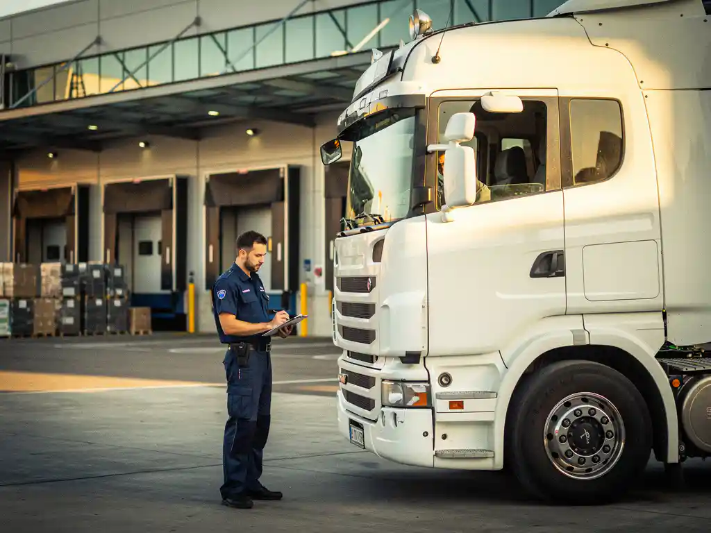 Chauffeur in uniform bekijkt klembord naast witte vrachtwagen bij modern Europees logistiek centrum.