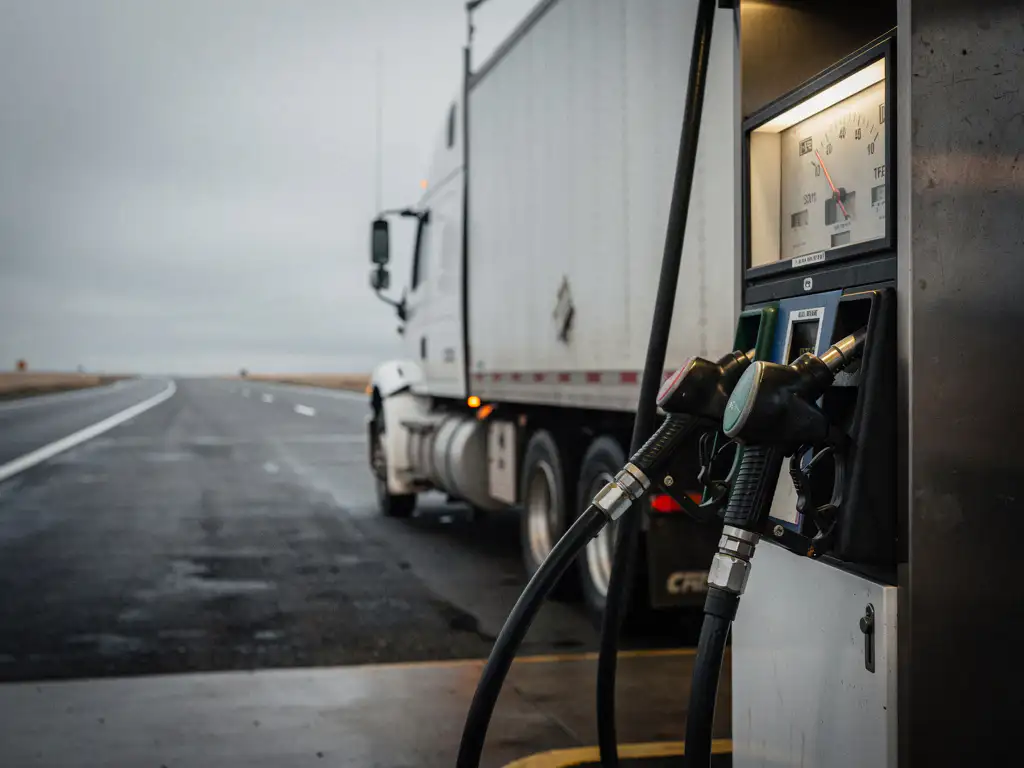 Witte vrachtwagen tankt diesel bij een pompstation, brandstofmeter bijna leeg, bewolkte snelweg op de achtergrond.