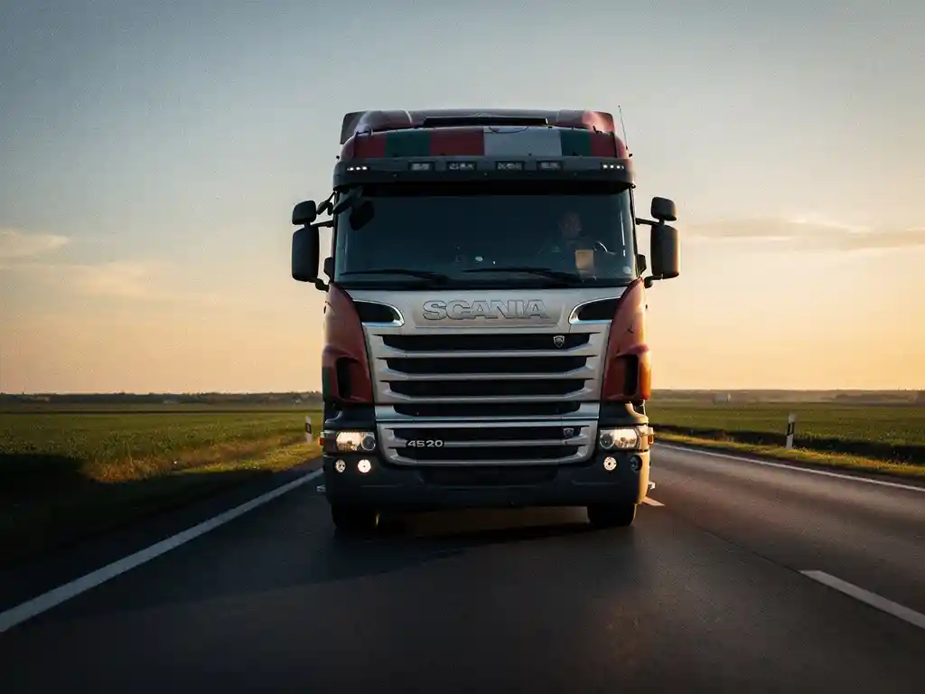 Vrachtwagen rijdt over Europese snelweg tijdens het gouden uur, omgeven door groen landbouwland onder een schemerende hemel.