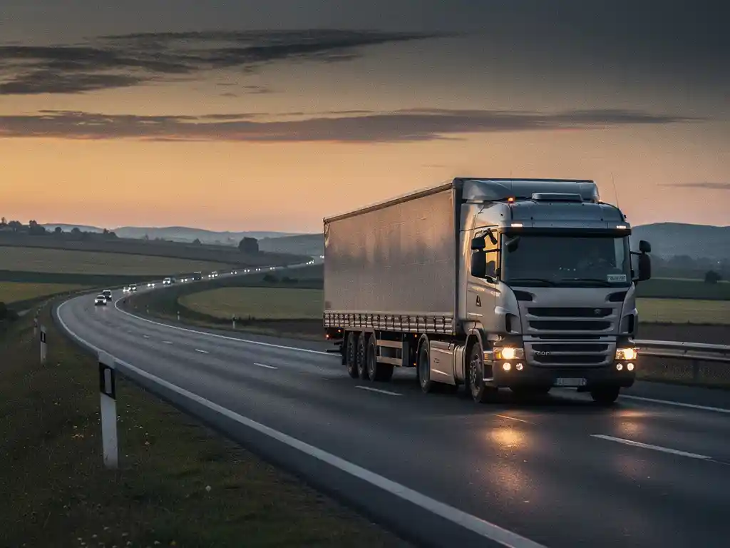 Vrachtwagen rijdt bij schemering over Europese snelweg, met kilometerborden en een weids landschap op de achtergrond.