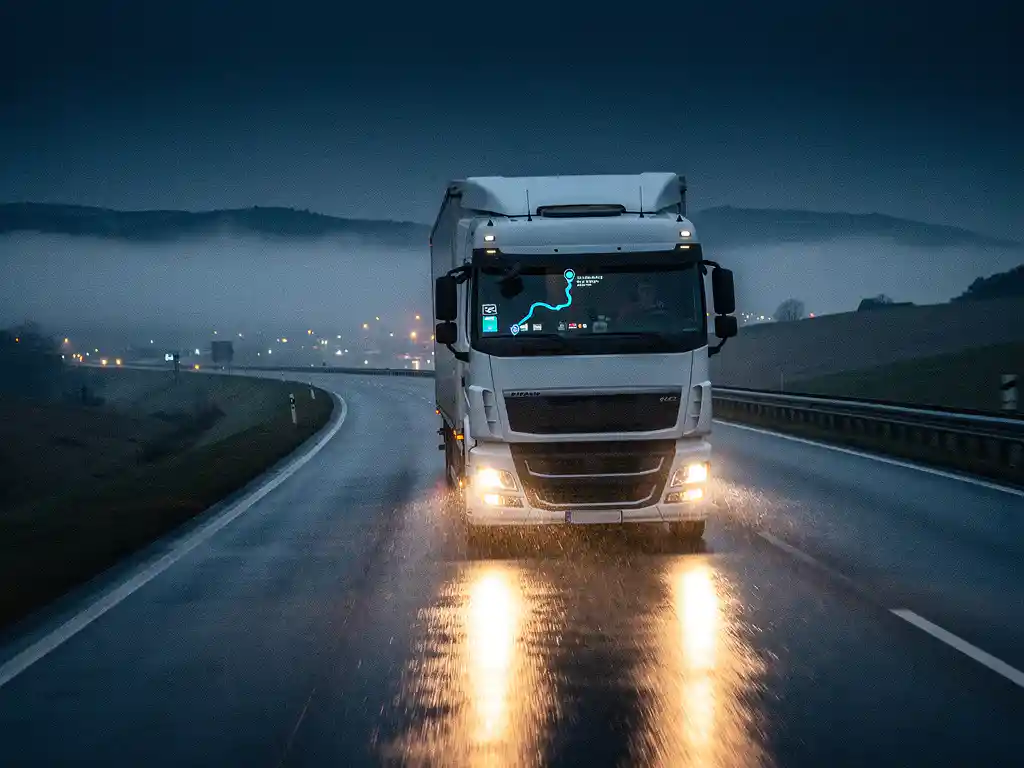 Witte vrachtwagen op mistige Europese snelweg bij schemering, met gloeiend GPS-scherm en cinematisch lichtspel van koplampen.