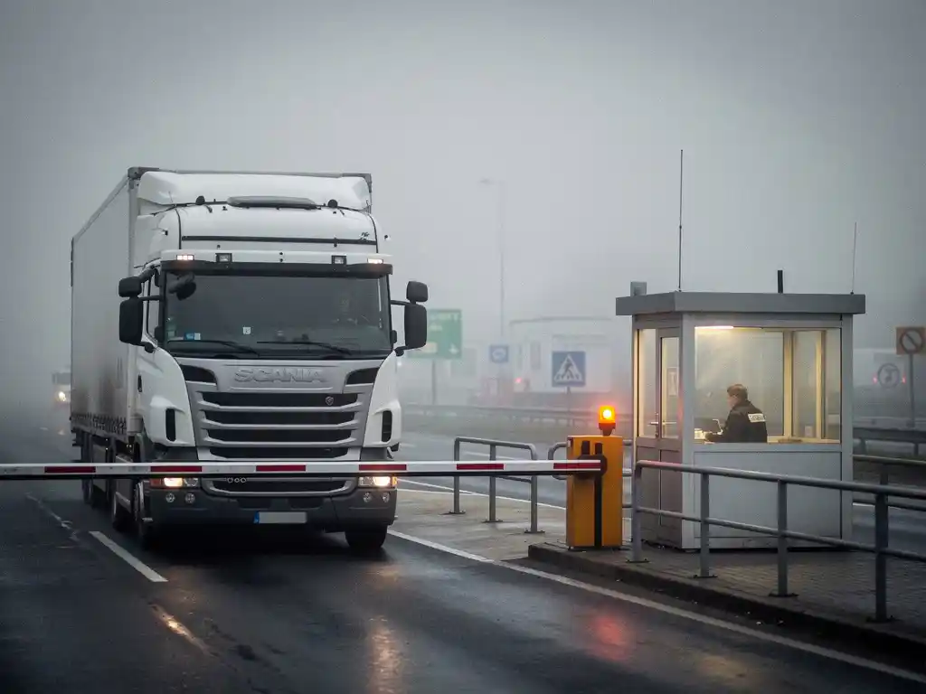 Witte vrachtwagen wacht bij een Europese grensovergang in mist, slagboom neer, douaneofficier zichtbaar in verlichte cabine.