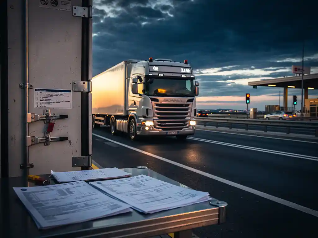 Vrachtwagen passeert Europese grensovergang bij schemering, met douanedocumenten en verzegelde vrachtcontainer op de voorgrond.