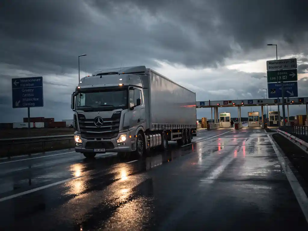 Europese vrachtwagen rijdt bij schemering over een regennat grensovergang met meerdere verkeersborden langs een brede snelweg.