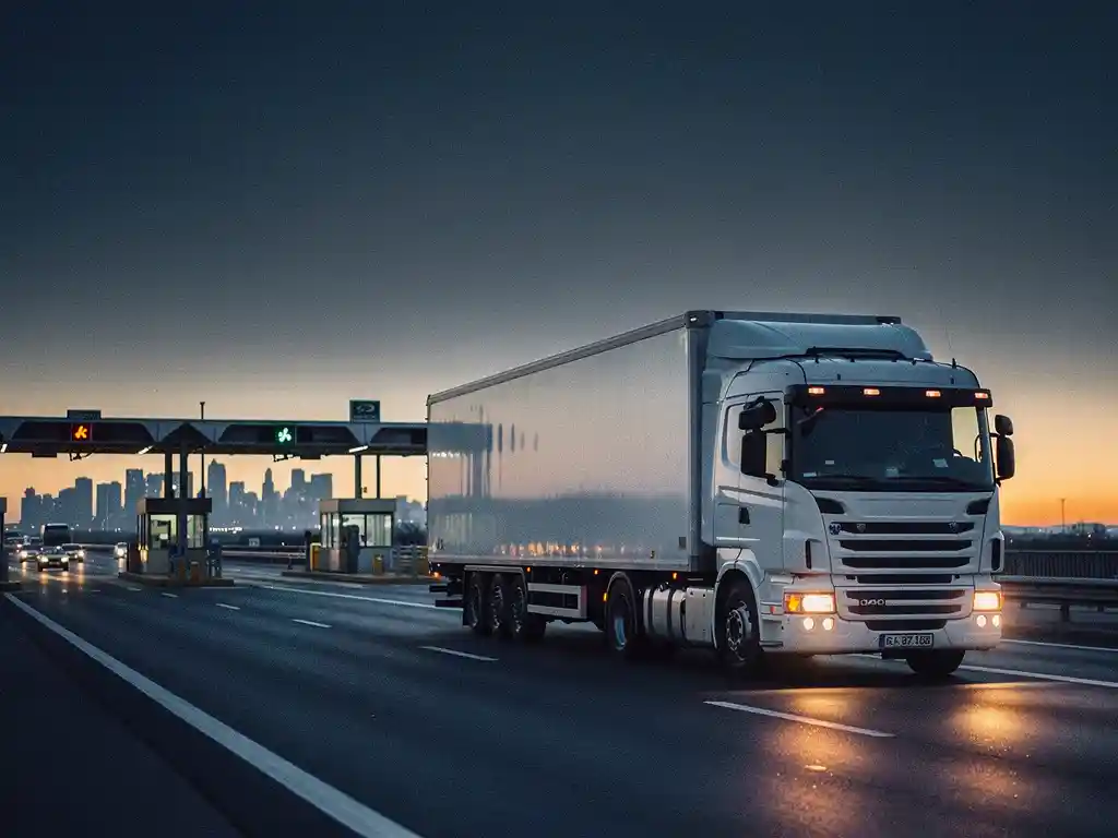 Beladen witte vrachtwagen op Europese snelweg bij schemering, rijdend langs een grensovergang met amber koplampen in blauwe avondlucht.