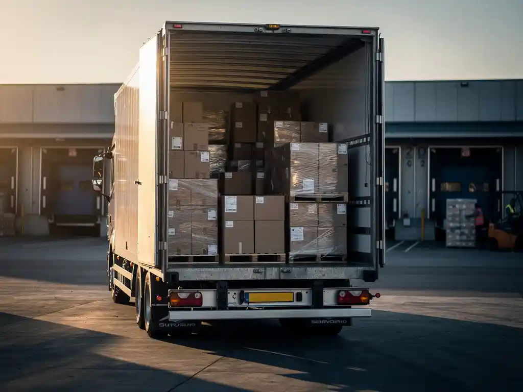 Semi-truck met open laaddeuren onthult netjes gestapelde gemengde pallets bij een industrieel laaddok in Tilburg.