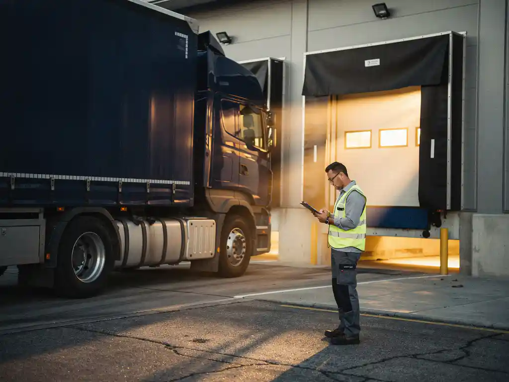 Logistiek coördinator controleert klembord bij moderne laadkade terwijl vrachtwagen aankomt in warm middaglicht.