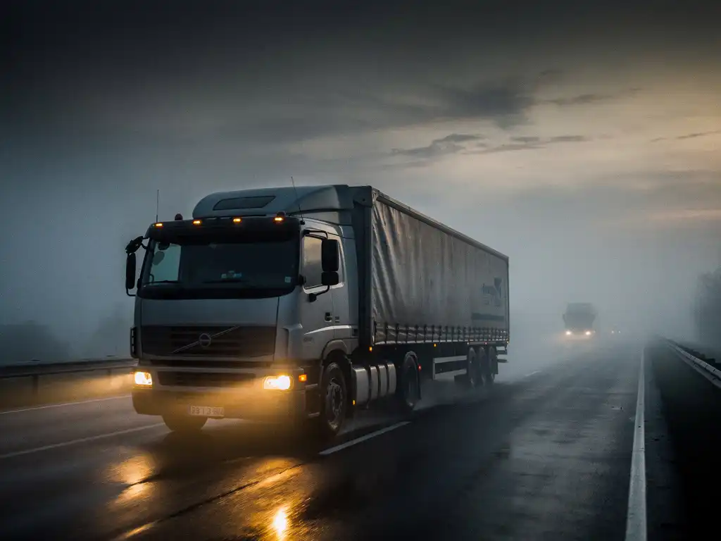 Vrachtwagen rijdt door mistige snelweg in de schemering, koplampen verlichten dichte nevel op donkere weg.