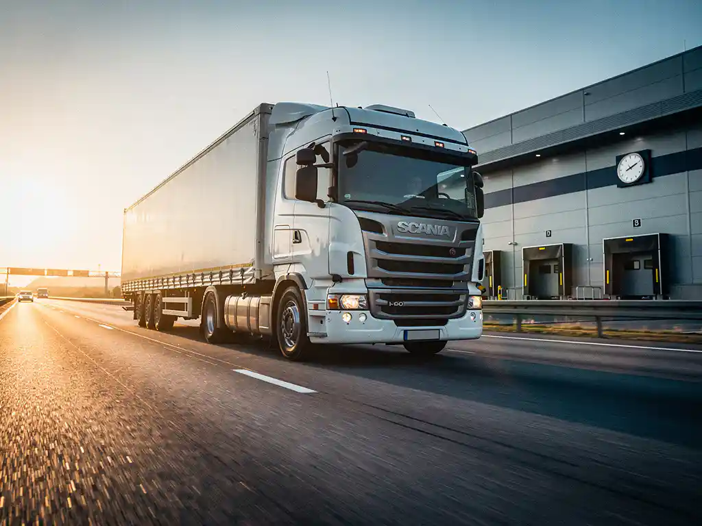 Witte vrachtwagen rijdt op volle snelheid over Europese snelweg bij gouden uur, distributiecentrum op achtergrond.