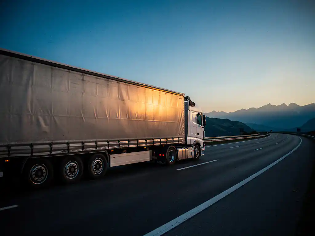 Witte vrachtwagen met curtainside trailer op Europese snelweg in de schemering, alpiene heuvels op de achtergrond.