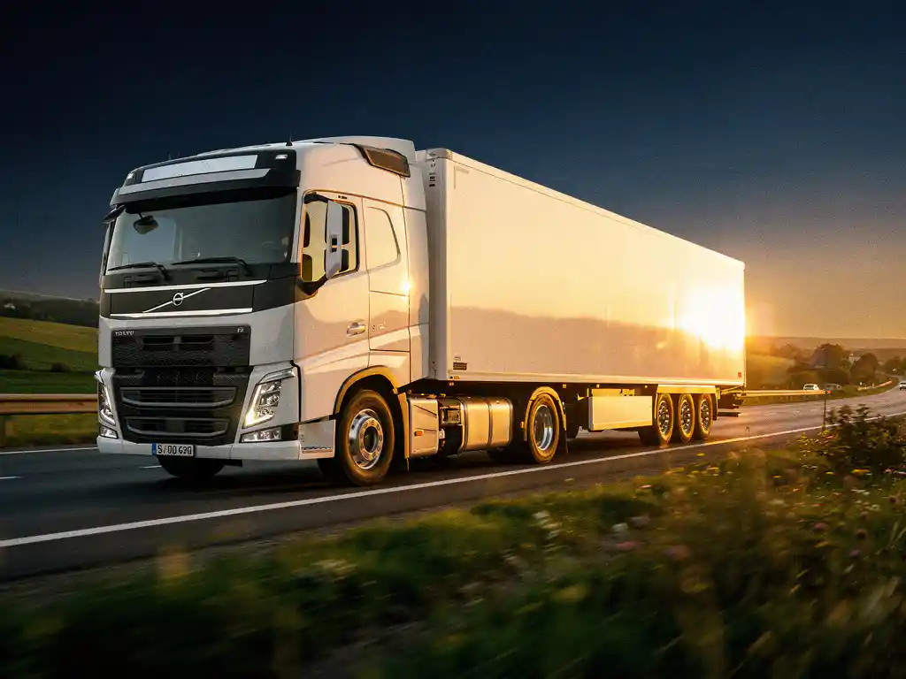 Witte vrachtwagen rijdt bij gouden uur over Europese snelweg, met warme amberkleurige reflecties op de trailer en weelderig groen landschap.