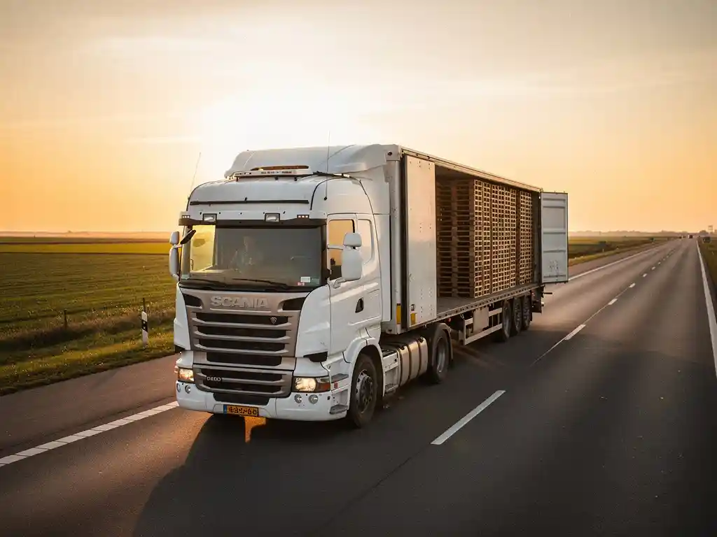 Witte vrachtwagen met open trailer vol pallets op Nederlandse snelweg tijdens gouden uur, laag camerastandpunt.
