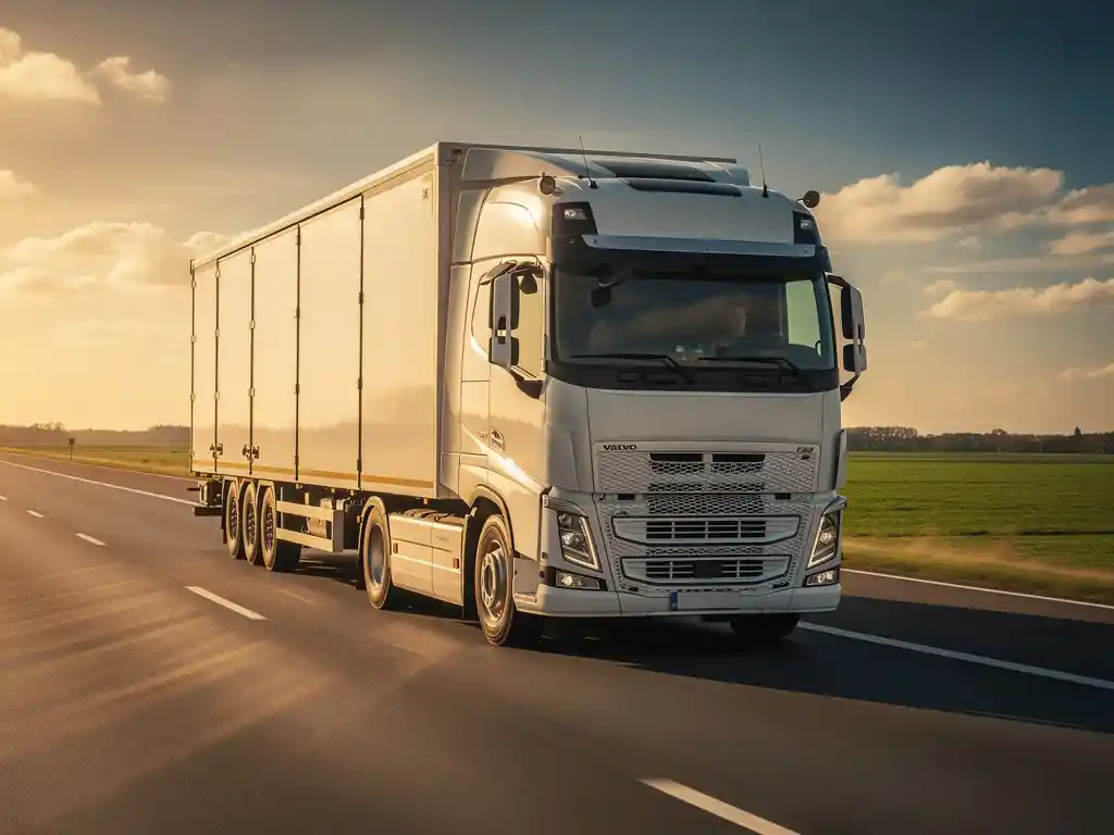 Witte vrachtwagen rijdt bij gouden uur over Nederlandse snelweg, met vlak polderlandschap en warme amberkleurige lucht op de achtergrond.