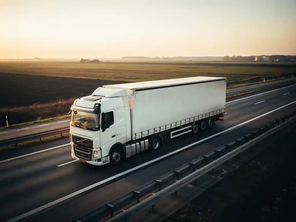 Beladen witte vrachtwagen op Nederlandse snelweg tijdens het gouden uur, met vlak polderlandschap op de achtergrond.