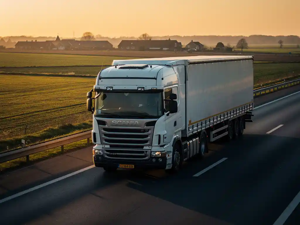 Witte vrachtwagen voegt in op Europese snelweg bij gouden uurstemming met glooiend Nederlands landschap op de achtergrond.