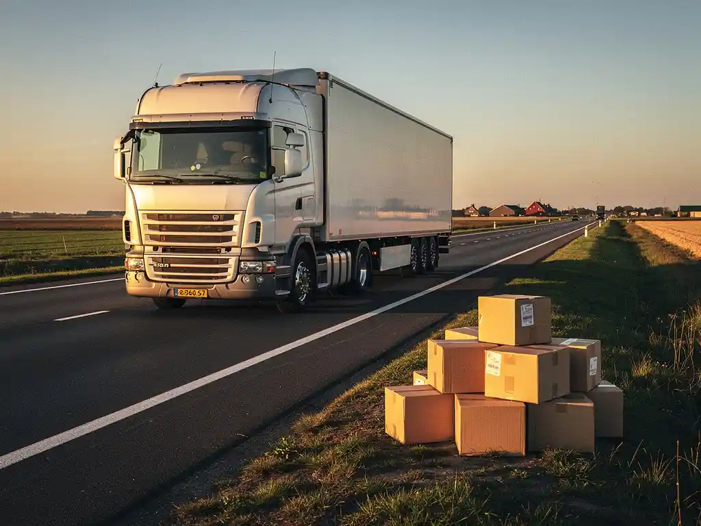 Witte vrachtwagen op Nederlandse snelweg bij gouden uur, met kartonnen pakketjes langs de wegkant.