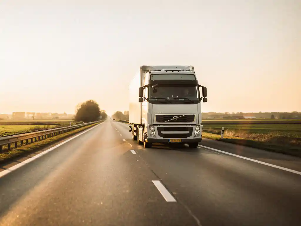 Wit beladen vrachtauto rijdt alleen op brede Europese snelweg tijdens het gouden uur, met vlak Nederlands landschap op de achtergrond.