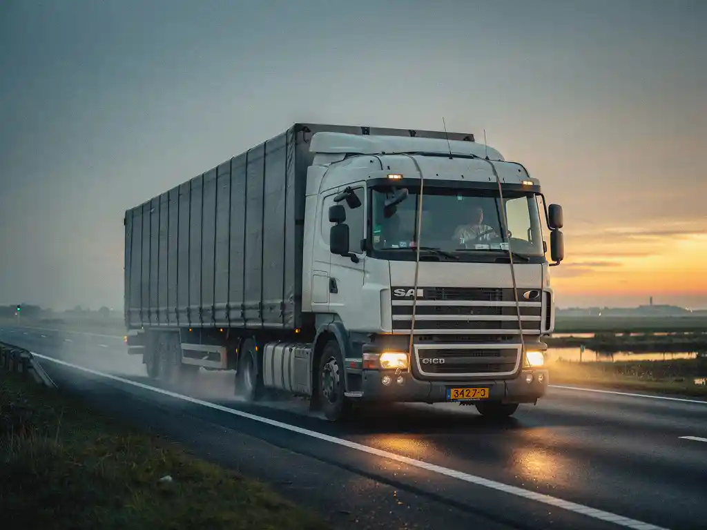 Beladen witte vrachtwagen met vrachtbanden rijdt bij schemering over Nederlandse snelweg door vlak polderlandschap.