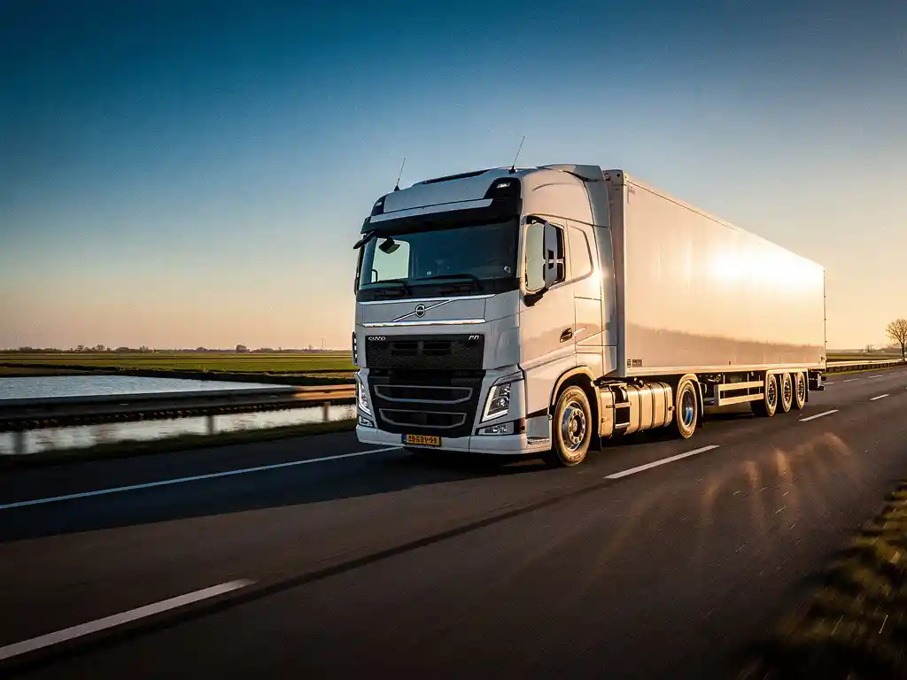 Witte vrachtwagen rijdt over Nederlandse snelweg door polderlandschap tijdens het gouden uur, lange schaduwen op het asfalt.