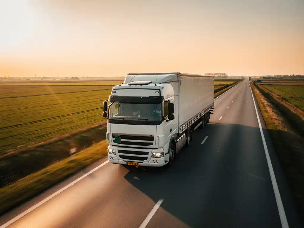Witte vrachtwagen met oplegger rijdt bij zonsondergang over Nederlandse snelweg door vlak polderlandschap.