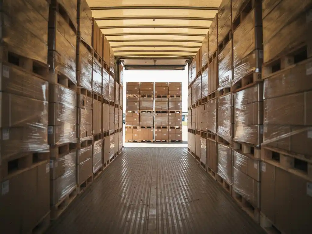 Volledig geladen vrachtwagetrailer van binnenuit, met strak gestapelde pallets en rekwikkelverpakkingen tot aan de deuren.