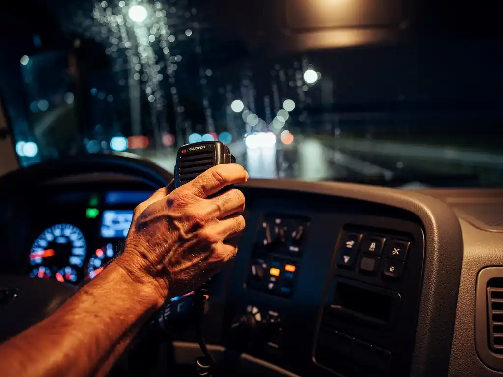 Truckchauffeur houdt CB-radio handset vast in moderne cabine, regenachtige voorruit met snelwegverlichting op achtergrond.