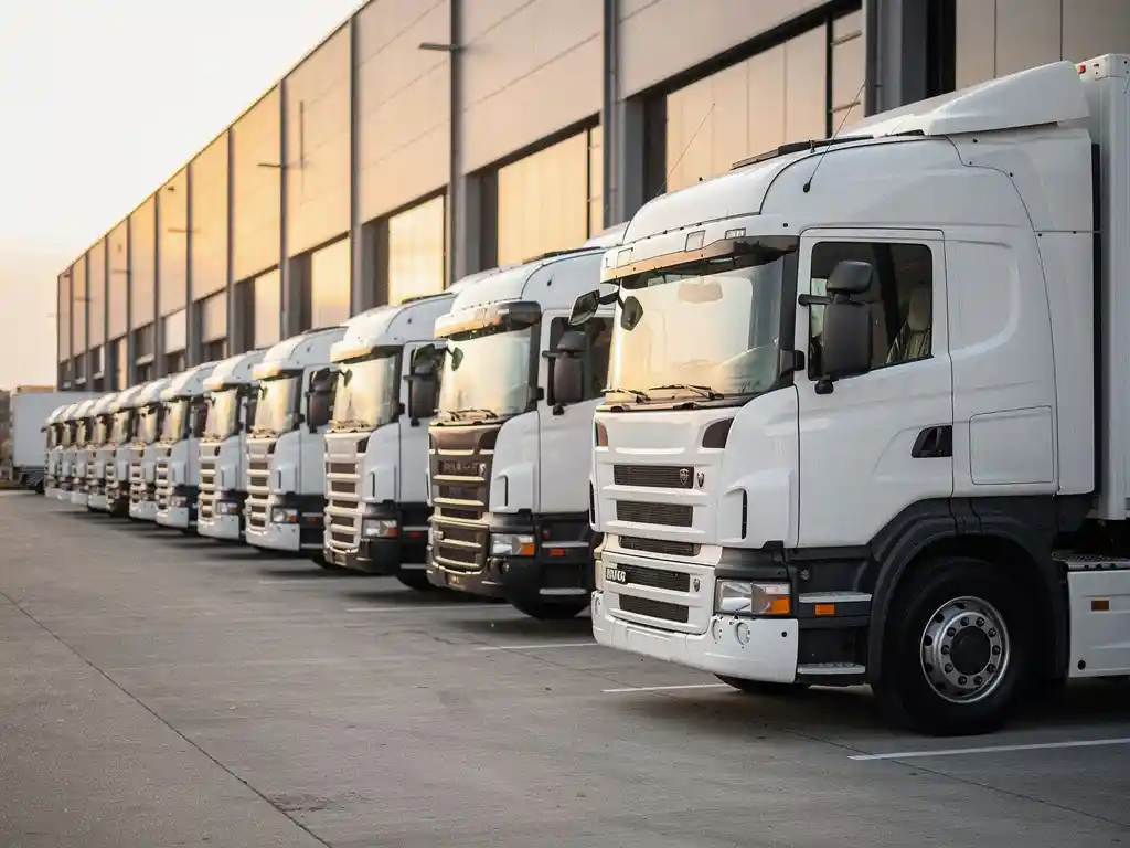 Rij witte logistieke vrachtwagens bij een modern distributiecentrum, voorste truck glanst in warm ochtendlicht.
