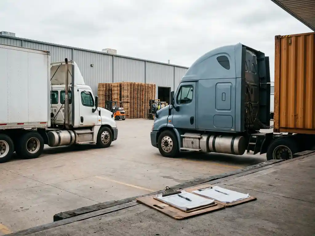 Wit bedrijfslogistiek voertuig naast externe vrachtauto op distributiecentrum, met pallets en verzenddocumenten op laadperron.