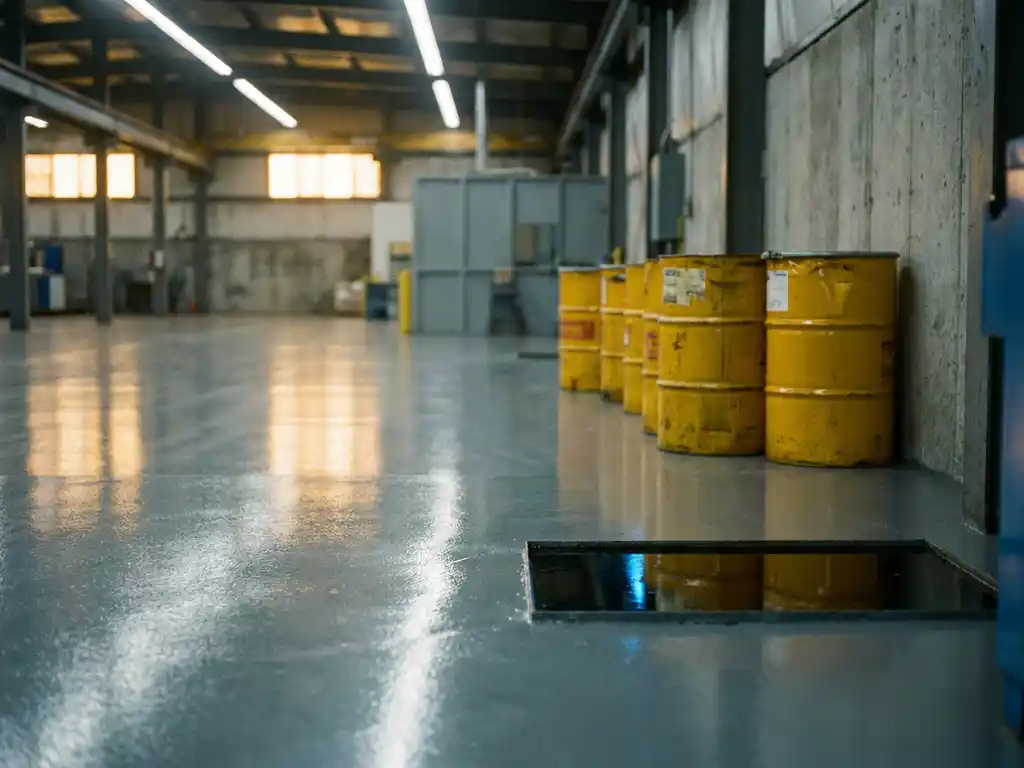Glanzende epoxyvloer in industrieel magazijn met gele chemische vaten, kleine ingeperkte vloeistofplas op ondoordringbaar oppervlak.