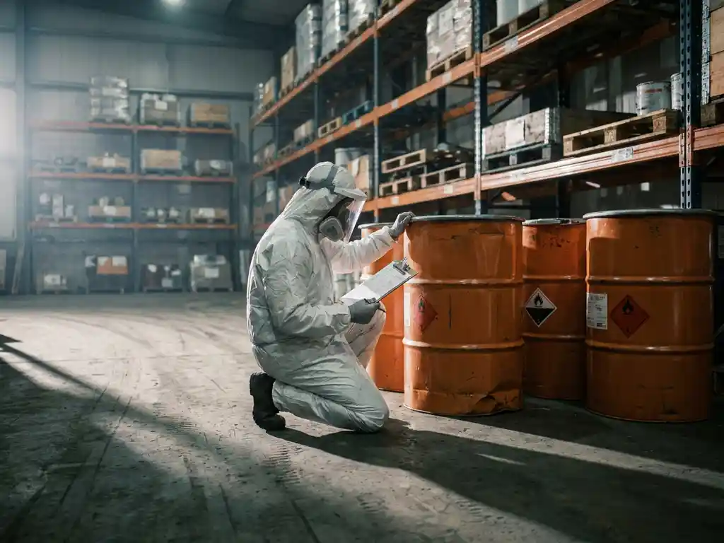 Hazmatin inspecteur in wit beschermend pak die oranje chemische vaten controleert in een industrieel magazijn.