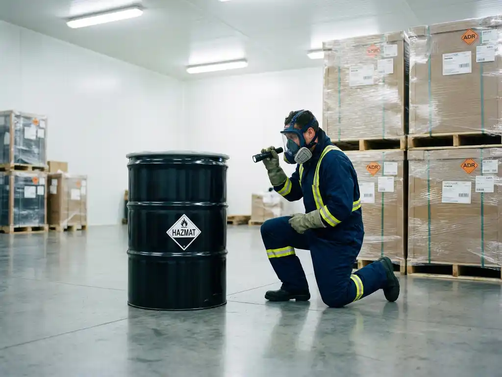 Hazmat-inspecteur in beschermend pak onderzoekt verzegeld industrieel vat in magazijn met ADR-gemarkeerde pallets op achtergrond.