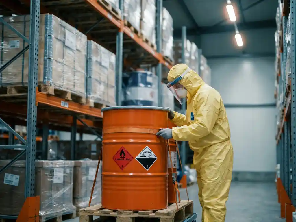Logistiek medewerker in hazmat-pak inspecteert oranje chemicaliëndrum met ADR-etiketten in modern magazijn.
