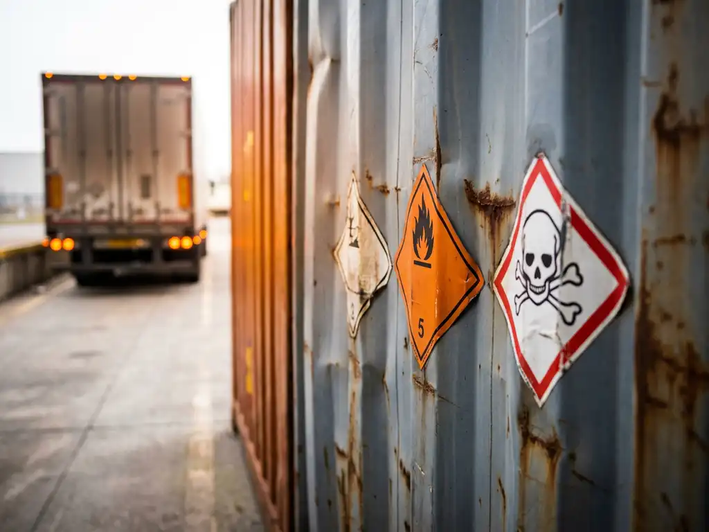 Diamantvormige gevaarlijke stoffen etiketten op verweerde metalen vrachtcontainer bij laaddok, logistieke truck op achtergrond.