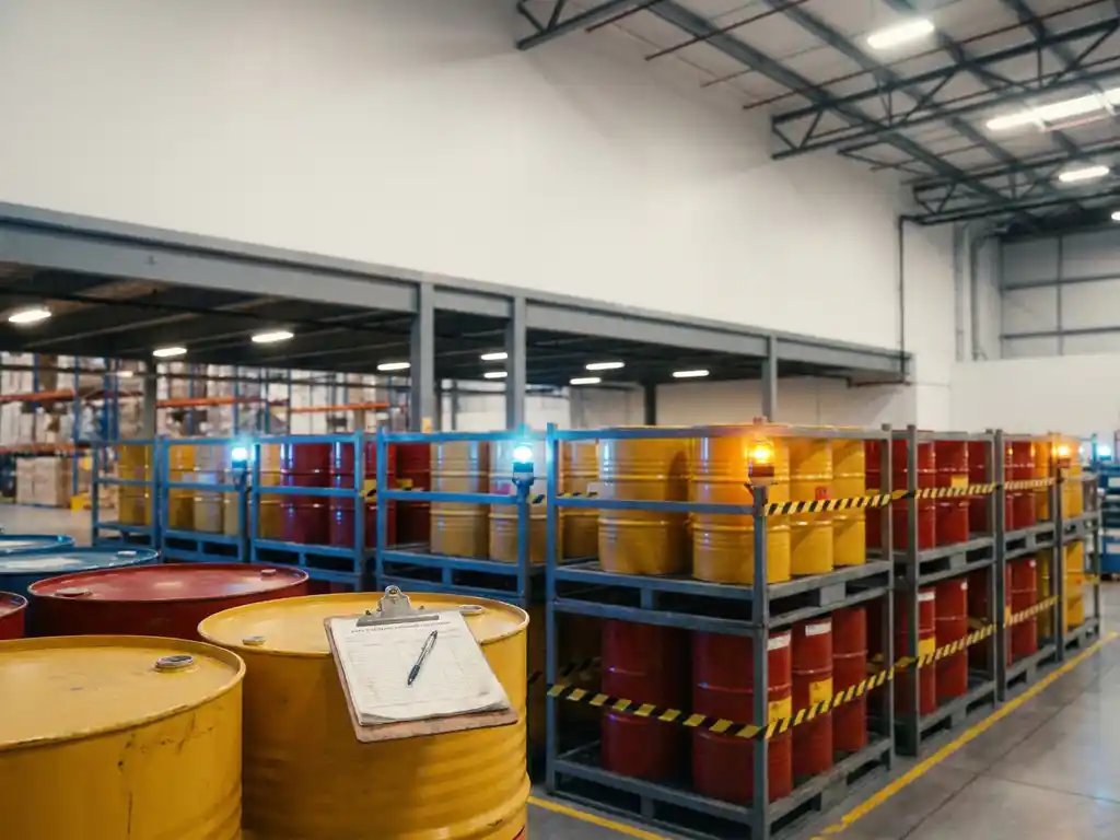 Gevaarlijke stoffen opslag in logistiek magazijn met gele en rode chemicaliënvaten op metalen stellingen en veiligheidsinspectieklembord.