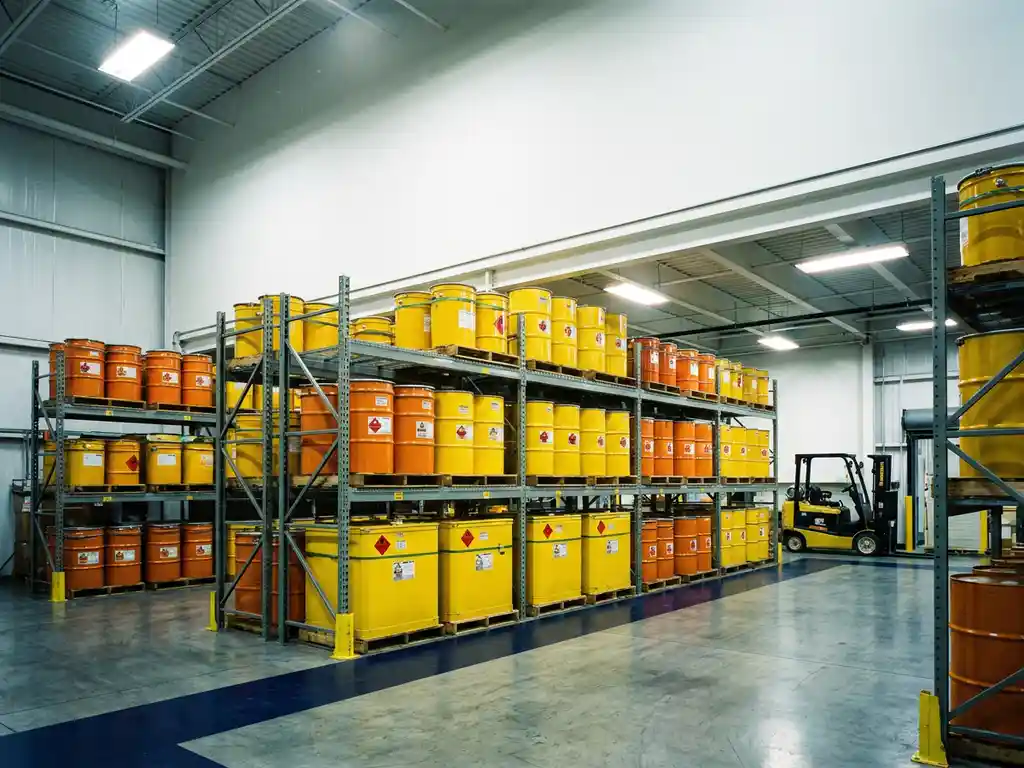 Opslag van chemische vaten in geel en oranje veiligheidscontainers op industriële stalen stellingen in een gecertificeerd gevaarlijk stoffen magazijn.